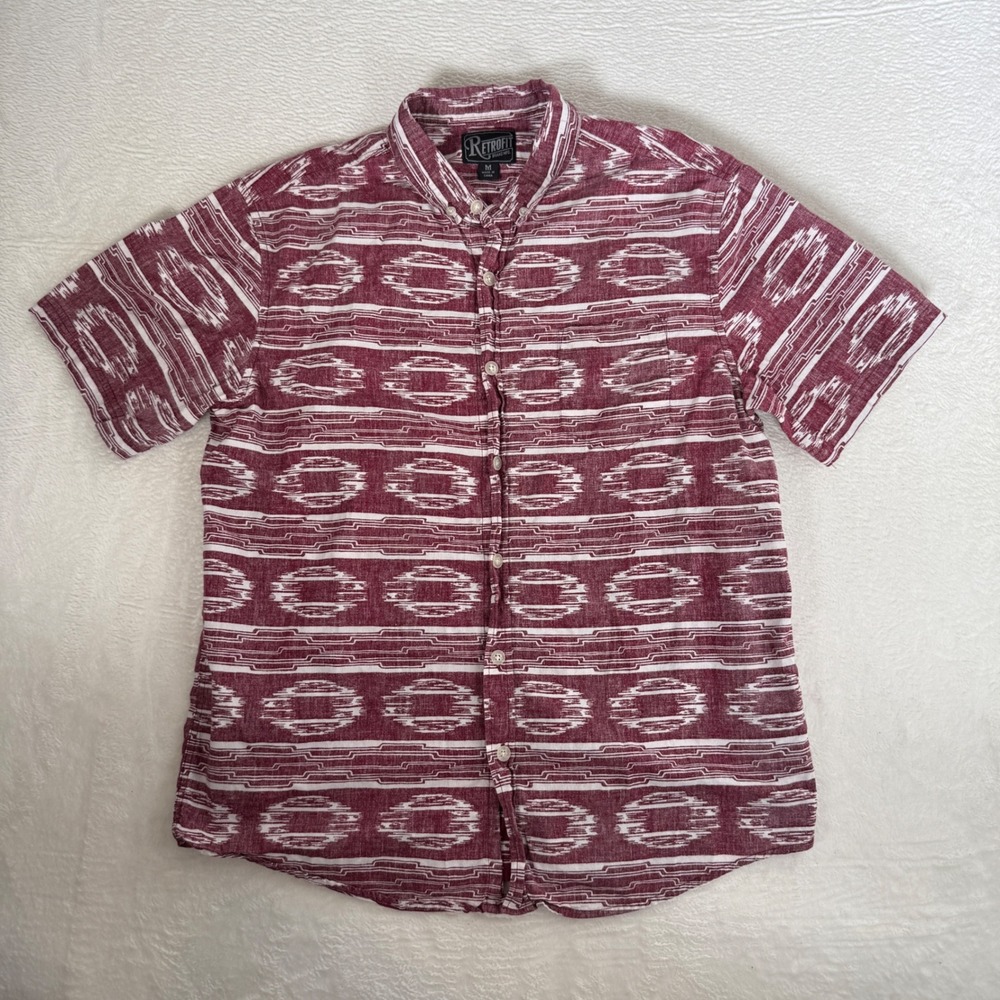 Retrofit Mens Short Sleeve Button Down Shirt Maroon White Geometric Ikat Size M